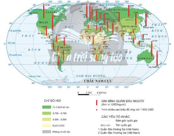 Chỉ số phát triển con người (HDI) và tổng thu nhập quốc gia bình quân đầu người (GNI/người) của một số nước trên thế giới, năm 2020