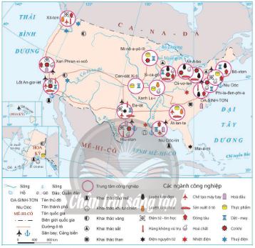 Phân bố một số trung tâm công nghiệp và ngành công nghiệp ở Hoa Kỳ, năm 2020