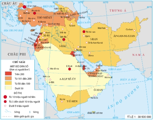 Bản đồ mật độ dân số và một số đô thị của khu vực Tây Nam Á năm 2020